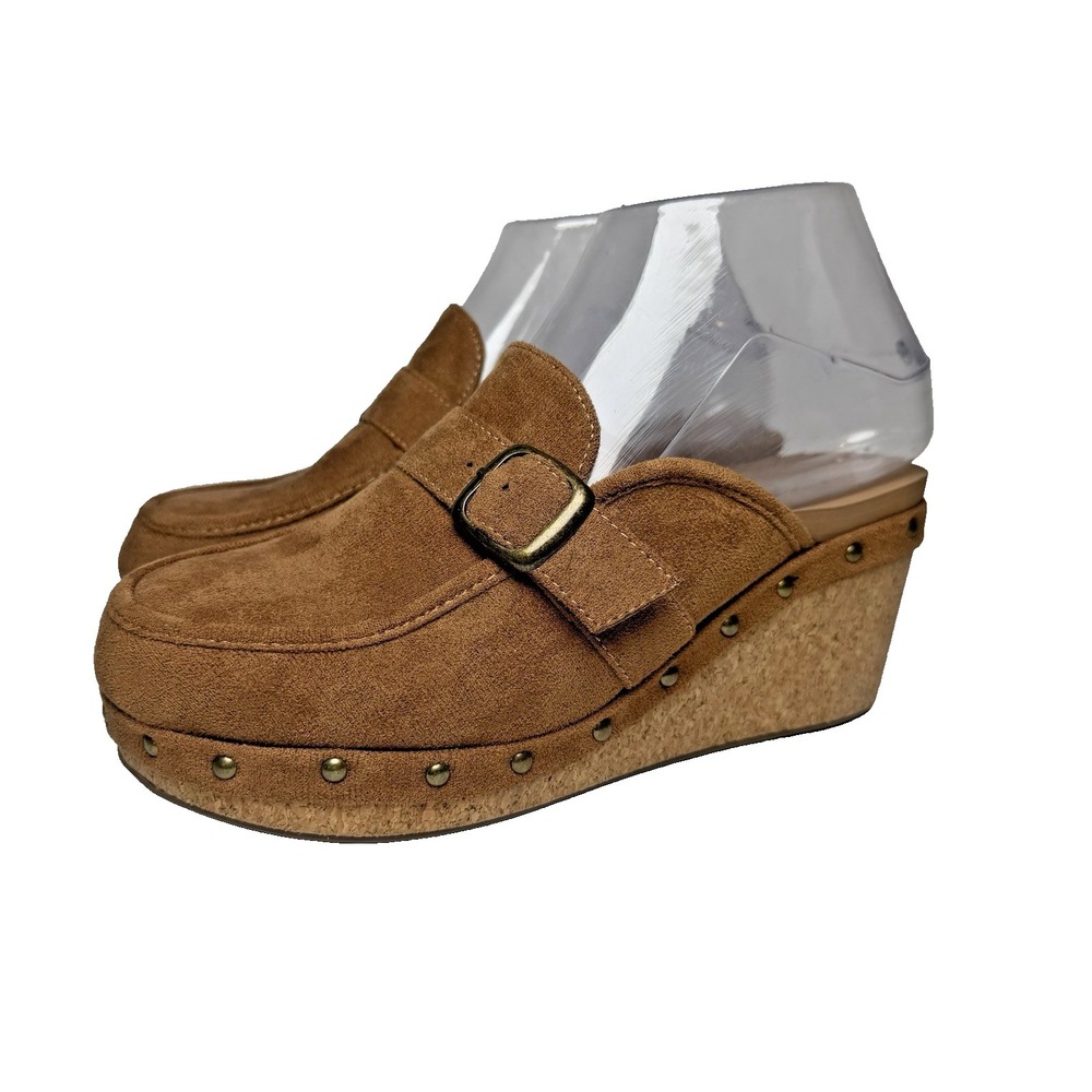 Corky's Footwear Mules Womens Shoes Sz 6 Brown Faux Suede Wedge Heel Chunky NEW